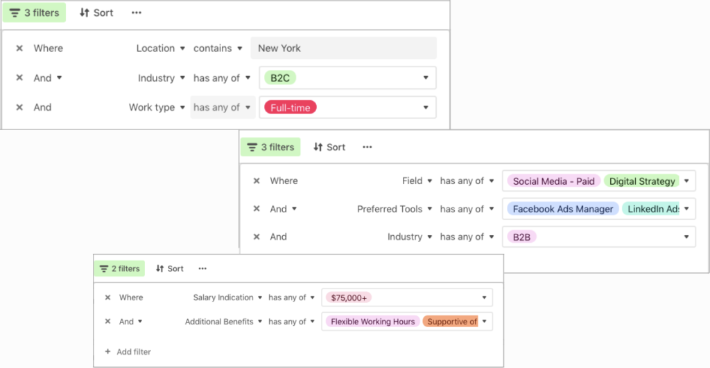 Job board filters to find digital marketing positions.