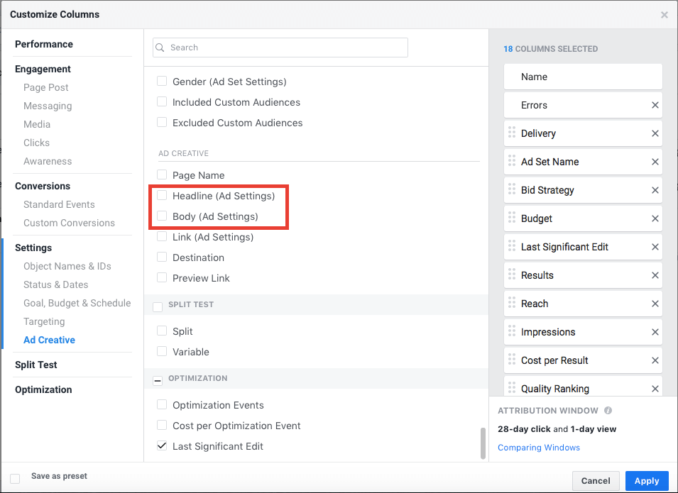 Facebook ads manager custom reporting columns