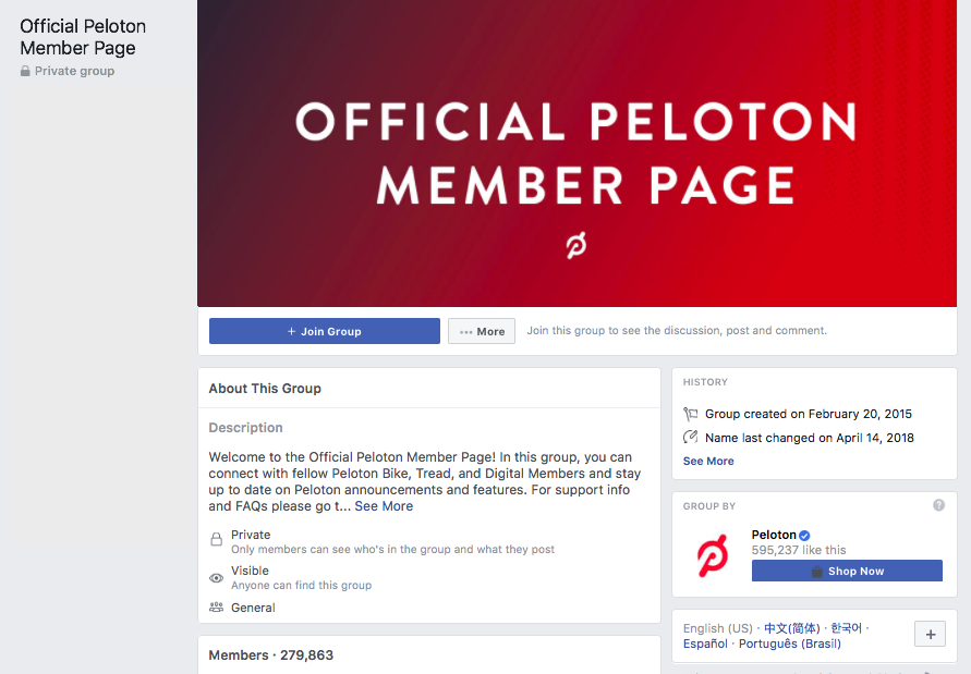 The Peloton Facebook group used to engage with the community