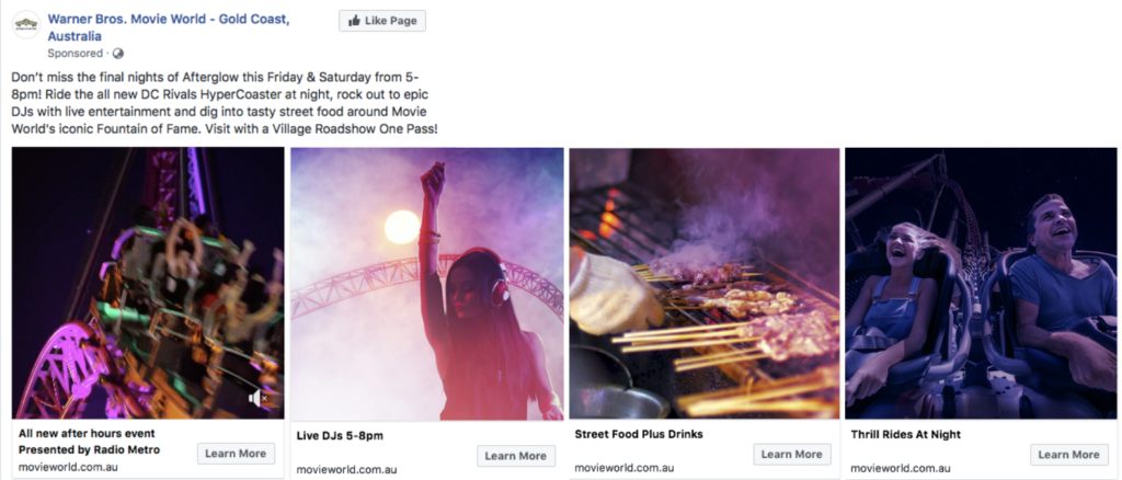 Facebook carousel ad format created by a social media marketer.
